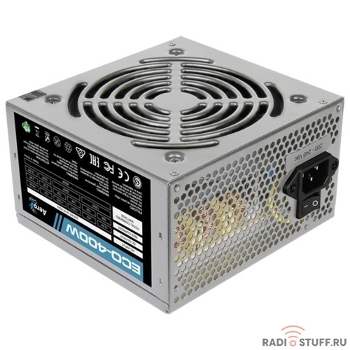Aerocool 400W Retail ECO-400W ATX v2.3 Haswell, fan 12cm, 400mm cable, power cord, 20+4P, 12V 4P, 1x PCI-E 6P, 2x SATA, 2x PATA, 1x FDD